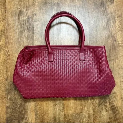 Lulu Dharma Burgundy Woven Tote Weekender Travel Bag Vegan Leather Red