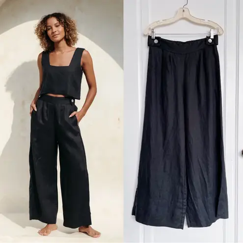 Free The Label • Monaco Pants black linen wide leg pleated ankle cropped Size M