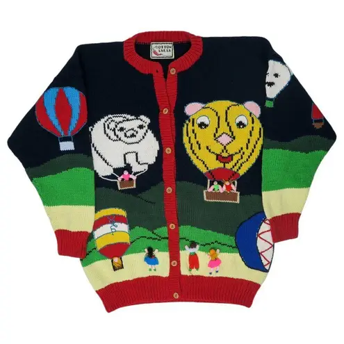 Vintage 80s Cotton Salsa Hot Air Balloon Sweater Blue Size L