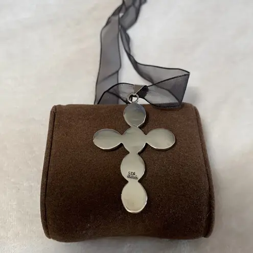 Chunky Black Onyx Sterling Silver Cross Pendant on Ribbon Necklace