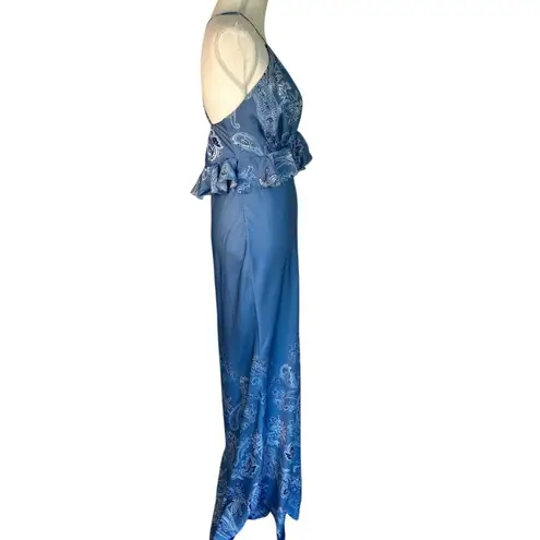 ROCOCO SAND Cross Back Peplum Maxi Dress in Light Blue Large New Womens Satin Go
