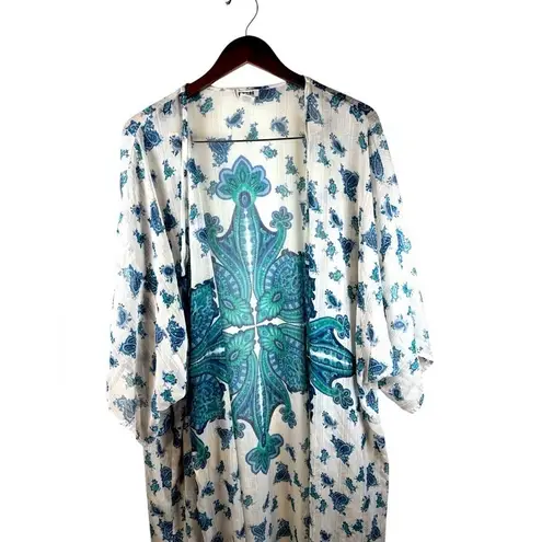Dizziire 2X Kimono Duster Cover Up Blue Green Paisley Boho Chic Bohemian White