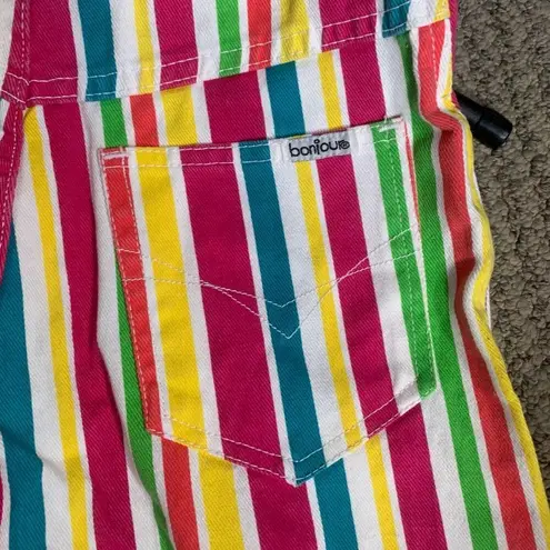 Deadstock Vintage 90s Bonjour Rainbow Stripe High Waist Denim Shorts Mom Jeans Yellow Size XS