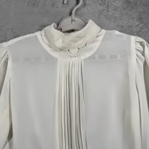 Vintage Glances Blouse M Cream Lace High Neck Pleated Puffy Sleeve Secretary Size M