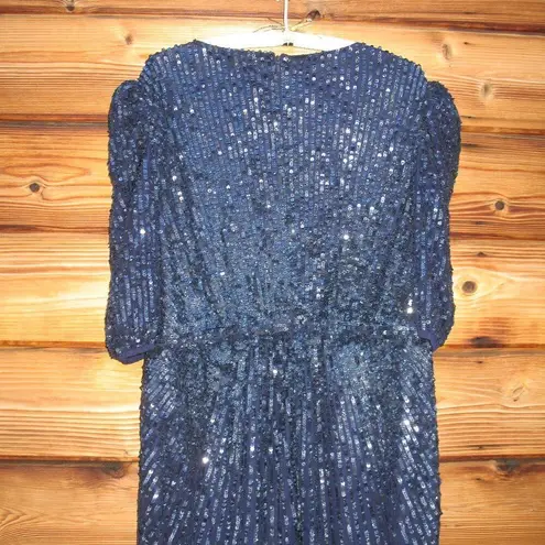 Mac Duggal 5578 Womens Sequined V Neck Short Puff Sleeve Midi Dress