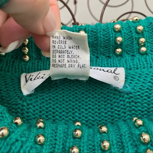 Vintage 90s teal gold art deco beaded cowl neck tunic sweater MEDIUM Green