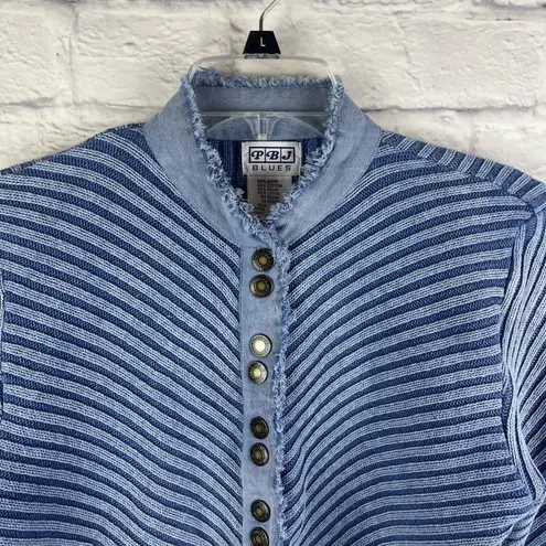 PBJ Blues Artsy Boho Festival Diagonal Stripe Snap Sweater Jacket Size Large Blue