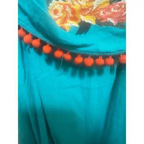 JODIFL Turquoise Embroidered Floral Off Shoulder Pom Pom Top Medium