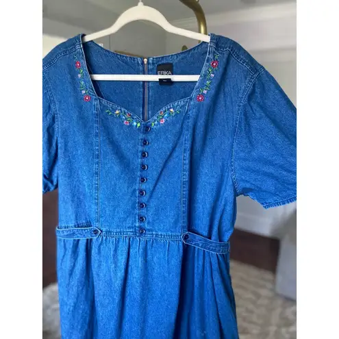 Erika Vintage Denim Maxi Dress Floral Embroidery Cottagecore V Neck Prairie Boho