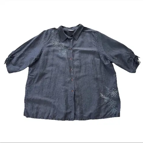 Avenue Women’s Embroidered Button Up Top Blouse 26 / 28 Floral Linen Chambray