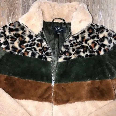 Coffee Shop Faux Fur Leopard Colorblock Jacket S