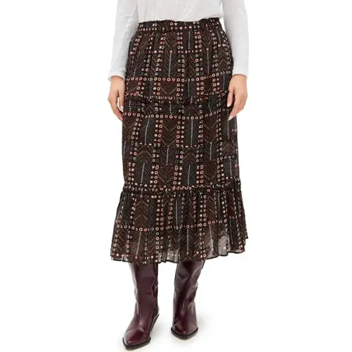 Isabel Marant Etoile Diya Tiered Maxi Skirt Size 12 Black Brown Printed