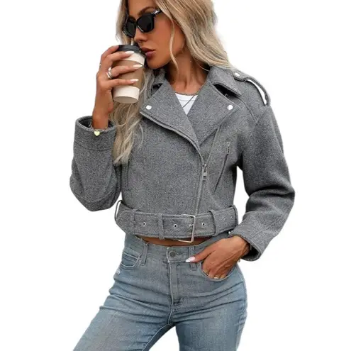 Cropped Woolen Moto Coat Bomber Biker Jacket Medium Grey Belt Zipper Pockets NEW Gray
