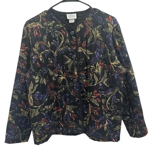 Vtg 80s Alicia Black Quilted Floral Jacket Leaf Print Cottage Fall Prairie Large