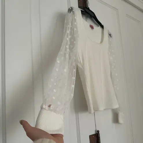White long sleeve blouse with sheer polka dot sleeve • size M Size M
