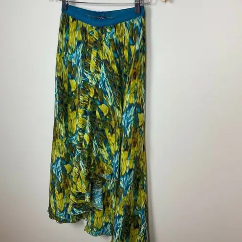 Nic+Zoe Maxi Skirt XS A-Line Drape Pleat Green Abstract Front Slit Stretch Waist