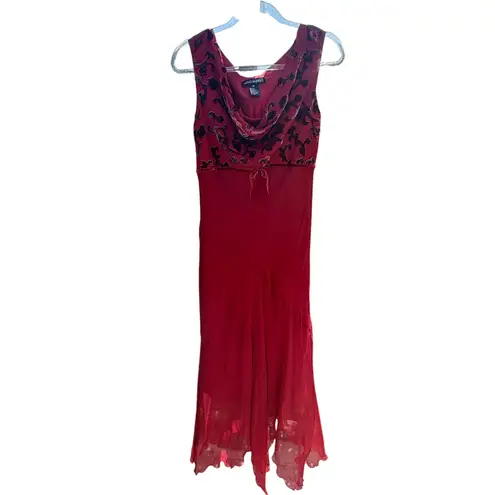 Jonathan Martin Silk Velvet Burnout Maxi Dress Red Cowl Neck Y2K Romantic 8