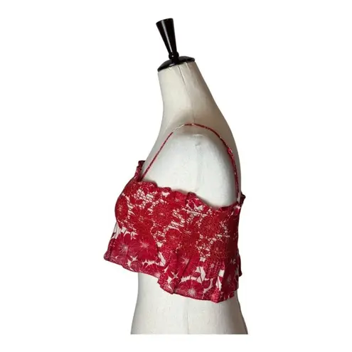 Lisa Marie Fernandez Tank Top 6 Red White Floral Print Smocked Cropped Cami Boho