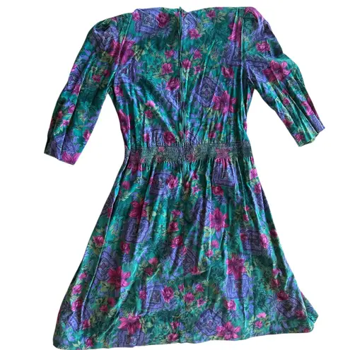 Vintage 80s Floral Patterned Dress with Purple Green Gold Pleated 3/4 Sleeve