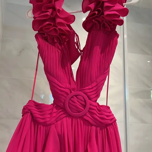 PATBO women size 0 flutter sleeve hot pink maxi long dress ruffles v neckline