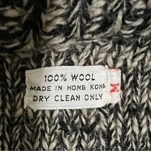 Vintage 100% Wool Knit Cardigan Sweater Marled Gray Knit Large Buttons Black Size M