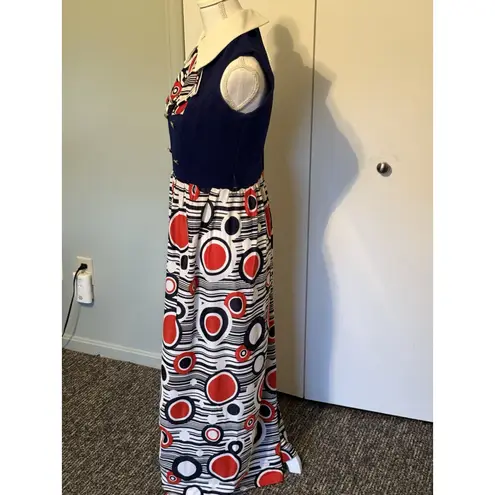 Vtg Mod Geometric Print Maxi Dress Red White & Blue 60s 70s Retro Hostess Op Art - Image 7