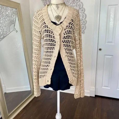 Early 2000's Cream Tan Cotton Blend Button Up Knit Crochet Cardigan M Size M