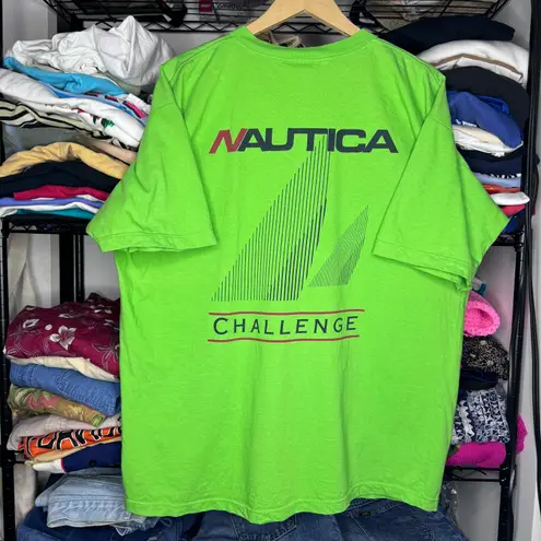 Nautica Vintage 90’s Neon Green Made in USA  “Challenge” Short Sleeve T-shirt Sz XL