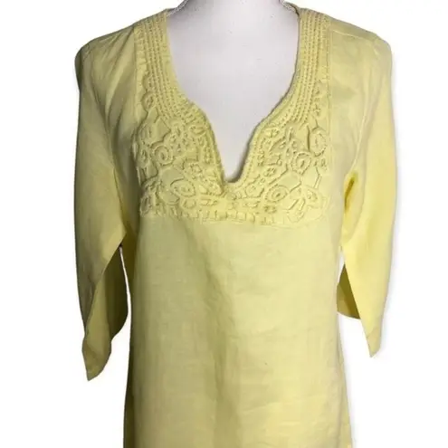 Malvin Hamburg Germany I Love Linen Yellow 3/4 Sleeve Embroidered Tunic Top Size M