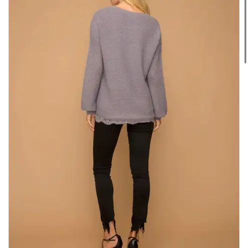 Hem & Thread Dusty Purple, soft sweater with eyelash lace trim. Lightweight and femin…