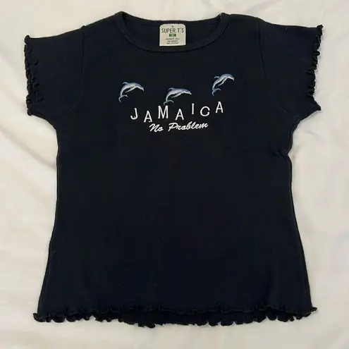 Vintage size S embroidered dolphin no problem cropped cap sleeve Jamaica T EVC Black