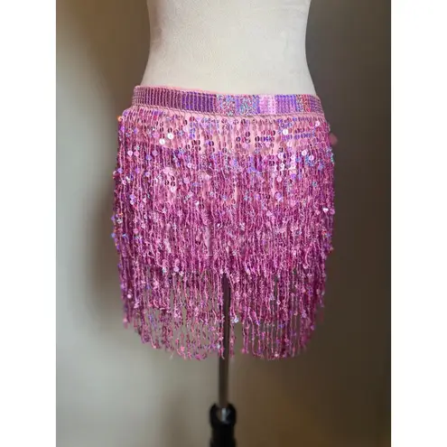 Pink fairy shimmer tassel skirt dance Halloween costume side tie sequin mini