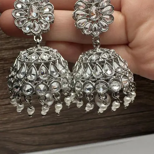 Rhinestone Polki Jhumka Indian Bollywood Style Drop Pierced Earrings Silver Tone