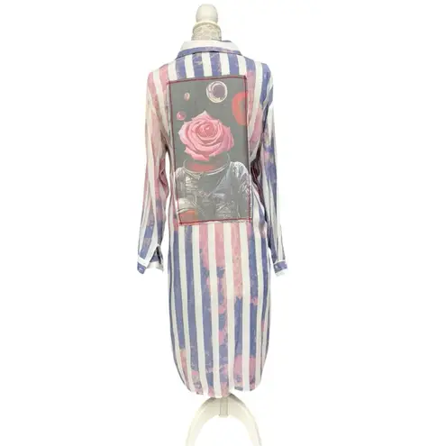 The Nu Vintage Striped Button Down Shirtdress, Astronaut Rose Graphic Back, Sz M Pink Size M