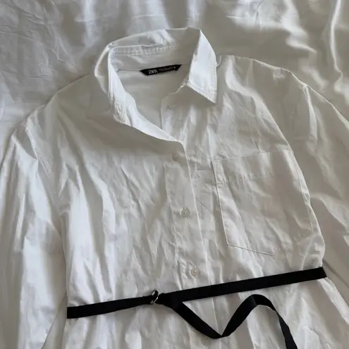 ZARA  White Button Up Shirt with Belt Size M Gabardine Long Tunic - Image 3