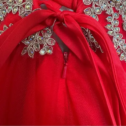 Damas By Tiffany Designs Beaded Dress GownSz‎ Small Tulle Little Red Lace Corset