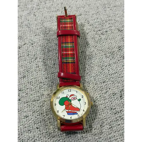 Vintage Santa Claus Watch Plaid Band Gold Tone Bezel Christmas Musical Watch Red