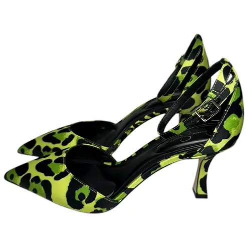 Jessica Simpson  Women’s Sz 7 Green Black Leopard Satin Foxena Ankle Strap Heels