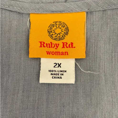 Ruby Rd Woman Vest Top 2X Blue Linen Crochet Trim Open Front Beachy Boho Cowgirl