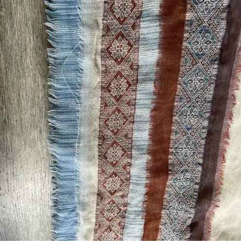 prAna Mae Scarf Wrap Fringed Striped Tan Blue Cream Multicolored 100% Wool