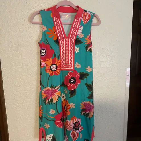 Spartina 449 Spartina Turquoise Floral V-Neck Sleeveless Dress XS Cotton Blend Embroidery