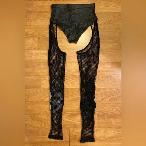 None Reflective Flame Fishnet & Black Faux Leather Festival Bottoms