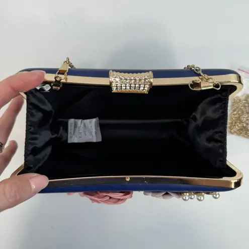 Clutch Bag Satin Flower Handbag Dinner Pearl Wedding Prom Banquet Cocktail Vaca Blue