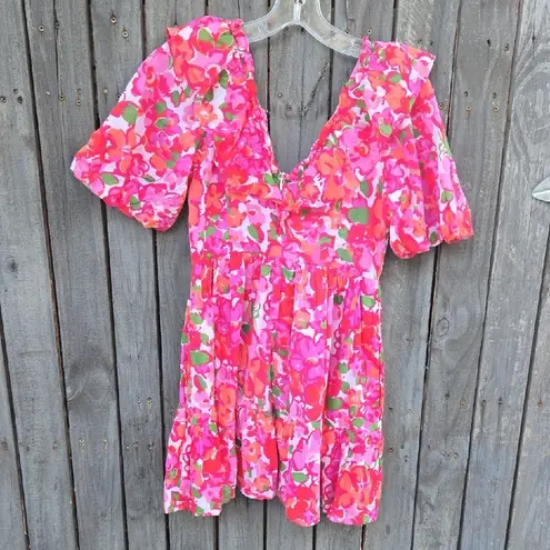 Banjanan Pink and Red Puff Sleeve Mini Dress Size XS