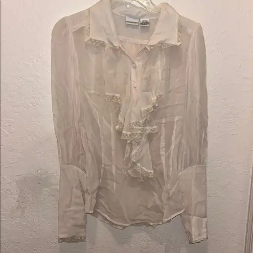 Vintage Elegant Cream Ruffle and Lace Modest Blouse Size 10