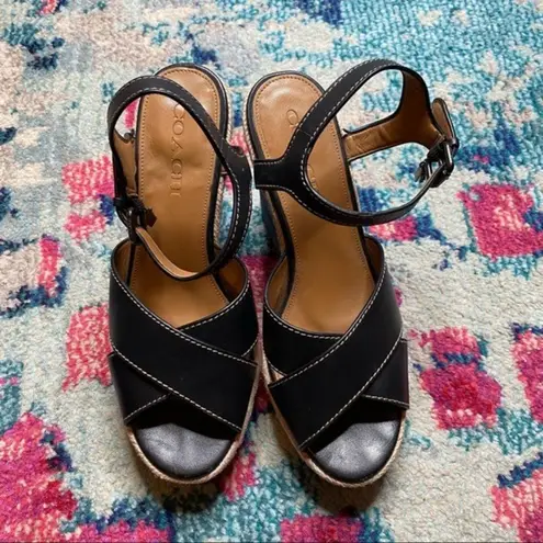 Coach  Eaton Black Leather Denim Wedge Sandals Size 8.5