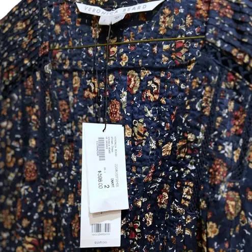 Veronica Beard NWT Shireen Button-Front Floral Print Pleated Dress in Ink Sz 2