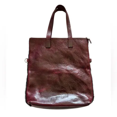 Kate Sheridan Leather Calf Hair Top Zip Large Tote Bag Burgundy Black Red
