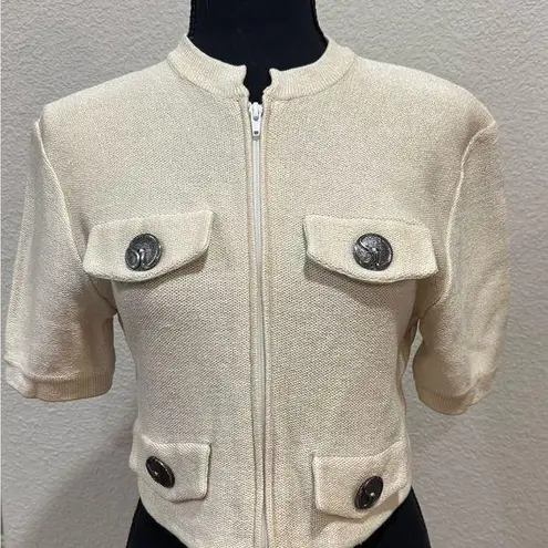 St. John Boutique Cream Textured Bomber Jacket with High Collar