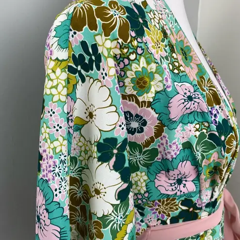 Unique Vintage Retro Floral Pastel Kimono Wrap Midi Dress Small NEW